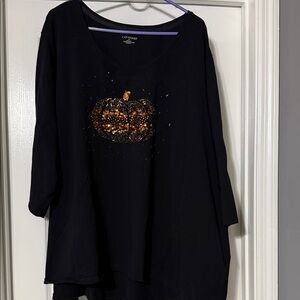 Catherines Black 3/4 Sleeve Top with Pumpkin Design